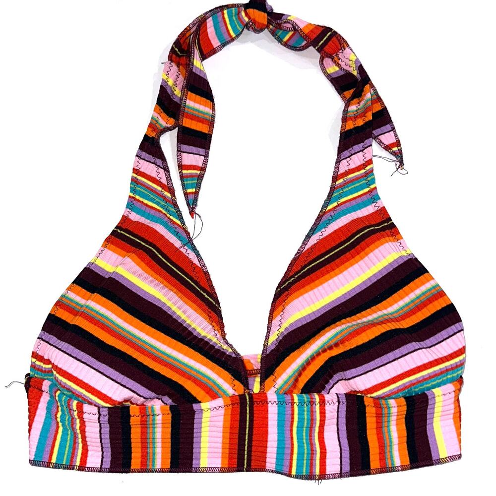 Becca Retro Colorful Striped Triangle Halter Buckle Bikini Swim Set Size Large - Picture 4 of 15